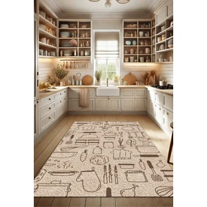 The Reef Design Mutfak Eşyaları Desenli Dijital Baskılı Bej Yıkanabilir Dokuma Tabanlı Kaymaz Mutfak Halısı