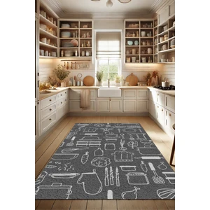 The Reef Design Dijital Baskılı Mutfak Eşyaları Desenli Gri Hav Yapmaz Dokuma Tabanlı Kaymaz Mutfak Halısı