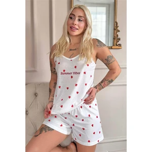 Kırmızı Kalp Desenli Ip Askılı Şortlu Kadın Pijama Takımı