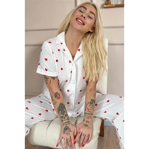 Kırmızı Kalp Desenli Kısa Kol Önden Düğmeli Kadın Pijama Takımı