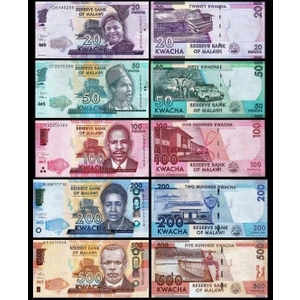 3Alp Koleksiyon Malawi 20-50-100-200-500 Kwacha 2017-2022 Set, Çil, Eski Yabancı Kağıt Para