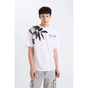 %100 Pamuk Boxy Fit Bisiklet Yaka Baskılı Kısa Kollu Tişört D5582AX25SP