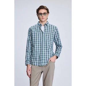 Haki Slim Fit Kareli Düğmeli Yaka Uzun Kollu Pamuklu Gömlek