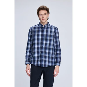 Lacivert Slim Fit Kareli Düğmeli Yaka Uzun Kollu Pamuklu Gömlek