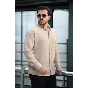 Pera Kumaş Keten Görünümlü Yarım Oversize Uzun kollu Erkek Gömlek- Bej