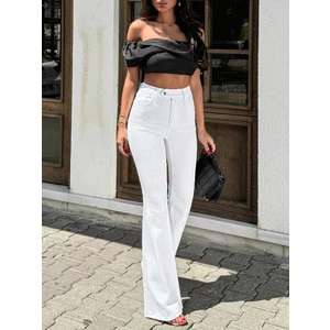 Kadın Yüksek Bel Likralı Ispanyon Paça Jeans Kot Pantolon Beyaz