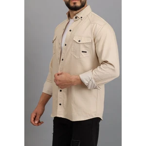 Erkek Bej Slim Fit Dar Kalıp Çift Cepli Pamuklu Kot Gömlek