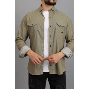 Erkek Açık Haki Slim Fit Dar Kalıp Çift Cepli Pamuklu Kot Gömlek