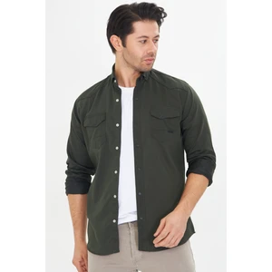 Erkek Haki Slim Fit Dar Kalıp Çift Cepli Pamuklu Kot Gömlek