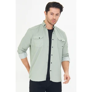 Erkek Su Yeşili Slim Fit Dar Kalıp Çift Cepli Pamuklu Kot Gömlek