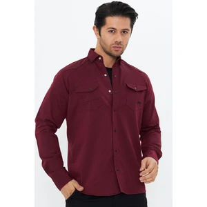 Erkek Bordo Slim Fit Dar Kalıp Çift Cepli Pamuklu Kot Gömlek