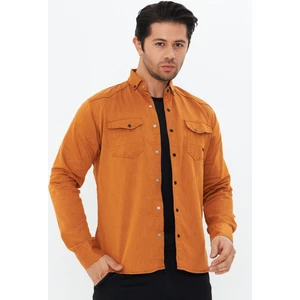Erkek Hardal Slim Fit Dar Kalıp Çift Cepli Pamuklu Kot Gömlek