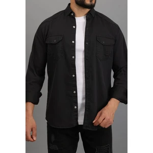 Erkek Füme Slim Fit Dar Kalıp Çift Cepli Pamuklu Kot Gömlek