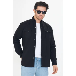 Erkek Siyah Slim Fit Dar Kalıp Çift Cepli Pamuklu Kot Gömlek