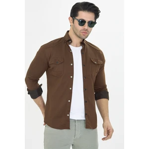 Erkek Kahverengi Slim Fit Dar Kalıp Çift Cepli Pamuklu Kot Gömlek