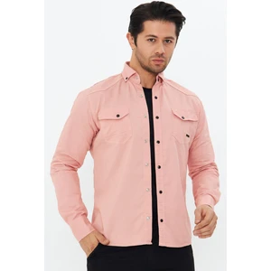 Erkek Pudra Slim Fit Dar Kalıp Çift Cepli Pamuklu Kot Gömlek
