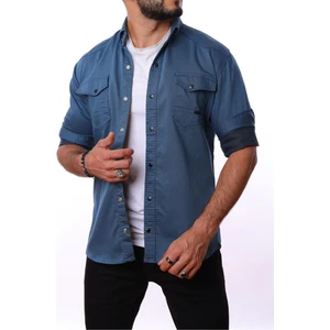 Erkek Lacivert Slim Fit Dar Kalıp Çift Cepli Pamuklu Kot Gömlek