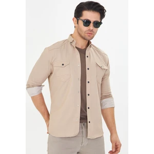 Erkek Vizon Slim Fit Dar Kalıp Çift Cepli Pamuklu Kot Gömlek