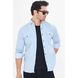 Erkek Buz Mavi Slim Fit Dar Kalıp Çift Cepli Pamuklu Kot Gömlek