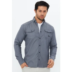 Erkek Gri Slim Fit Dar Kalıp Çift Cepli Pamuklu Kot Gömlek