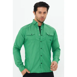 Erkek Yeşil Slim Fit Dar Kalıp Çift Cepli Pamuklu Kot Gömlek
