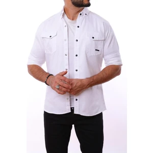 Erkek Beyaz Slim Fit Dar Kalıp Çift Cepli Pamuklu Kot Gömlek