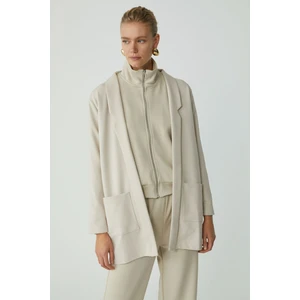 Mondo Motors Nora Kadın Örme Çelikli Interlok Kumaşlı Takma Cepli Şal Yakalı Blazer Uzun Taş Rengi Ceket