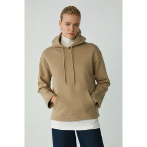 Modest Pıper Kadın Içi Polarlı Yumuşacık Comfort Fit Kapüşonlu Kanguru Cepli Bej Sweatshirt