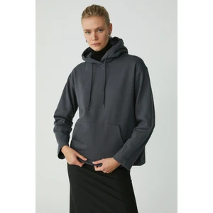 Modest Pıper Kadın Içi Polarlı Yumuşacık Comfort Fit Kapüşonlu Kanguru Cepli Antrasit Sweatshirt