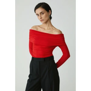 Modest Babel Kadın Slim Fit Dar Kalıp Büzgü Detaylı Kayık Yaka Uzun Kollu Kırmızı Bluz