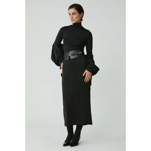 Katjabb Kadın Slim Fit Dar Kesim Vücudu Saran Dik Yaka Midi Boy Siyah Büyük Beden Elbise