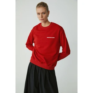 Modest Sandra Kadın Pamuklu Içi Polarlı Yumuşacık Baskılı Yuvarlak Yaka Comfort Kırmızı Sweatshirt