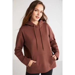 Modest Pıper Kadın Içi Polarlı Yumuşacık Comfort Fit Kapüşonlu Kanguru Cepli Kahverengi Sweatshirt