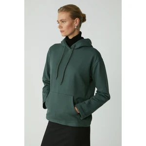 Ethiquet Piper Kadın İçi Polarlı Yumuşacık Confort Fit Kapüşonlu Kanguru Cep Yeşil Sweatshirt