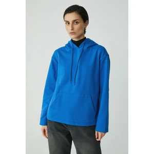 Ethiquet Piper Kadın İçi Polarlı Yumuşacık Confort Fit Kapüşonlu Kanguru Cep Saks Mavi Sweatshirt