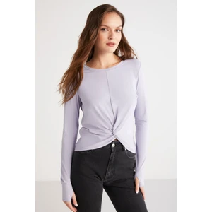 Modest Genesıs Kadın Slim Fit Dar Kesim Önü Nervürlü Drape Detaylı Yuvarlak Yaka Crop Lila Bluz