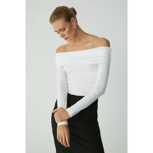 Modest Babel Kadın Viskon Uzun Kol Slim Beyaz Bluz