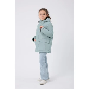 Kız Çocuk Mint Yeşil Kürklü Su ve Rüzgar Geçirmez Kapüşonlu 3 Kışlık Mont & Kaban & Parka FMPÇ-110-K