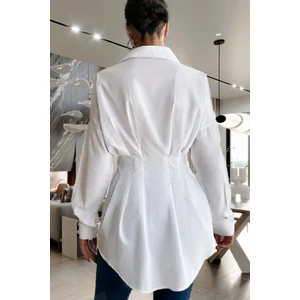 Kadın Belden Oturtmalı Pileli Tunik Beyaz Gömlek