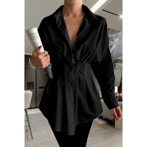 Kadın Belden Oturtmalı Pileli Tunik Siyah Gömlek