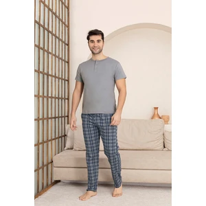 Erkek Ekose Desen 3 Düğmeli Bisiklet Yaka Modal Yazlık Kısa Kol Cepli Pijama Takımı