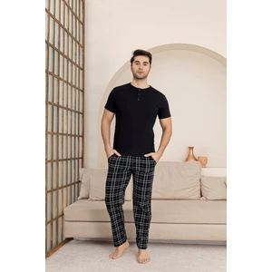 Erkek Ekose Desen 3 Düğmeli Bisiklet Yaka Modal Yazlık Kısa Kol Cepli Pijama Takımı