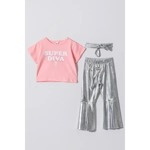 Kız Çocuk Pamuklu Crop T-Shirt Parlak Gri Ispanyol Paça Alt-Üst Takım