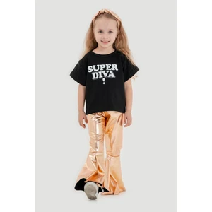 Kız Çocuk Pamuklu Crop T-Shirt Parlak Gri Ispanyol Paça Alt-Üst Takım