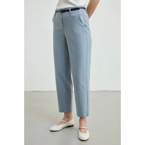 Keten Karışımlı Beli Kemerli Havuç Pantolon - Mavi