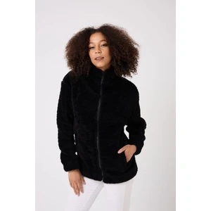 Kadın Siyah Peluş Rüzgar Geçirmez Welsoft Çift Kapüşonlu Kışlık Mont Fmkap-15 Peluş