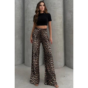 Lesa Wear Leopar Desenli Yumuşacık Yüksel Bel Geniş Paça Likralı Jarse Pantolon Flared