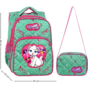 Mint Yeşili Kedi Desenli Embos İlkokul Çantası Beslenme Çantalı 24002