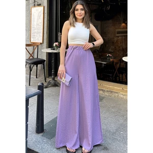 Kadın Lila Beli Lastikli, Cepli, Bol Paça Özel Kumaş, Rahat Kalıp Pantolon - Tesettüre Uygun