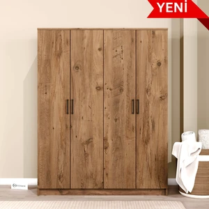 Kardelen Serisi 140  cm  Atlantik Çam 4 Kapılı 5 Raflı Elbise Dolabı - Gardırop